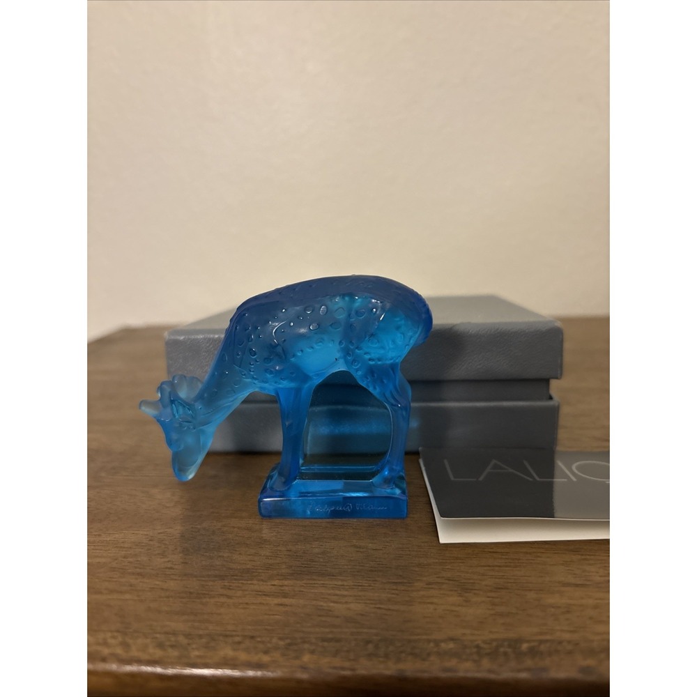 Lalique Daim Blue Crystal Spotted Feeding Deer Crystal Statuette Signed NIB